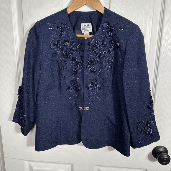 TWO piece set. R & M Richards dress/jacket, embellished, navy blue, 12P - Picture 2 of 16